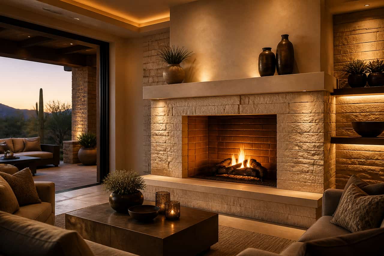 Custom masonry fireplace installation in a luxury Tucson home