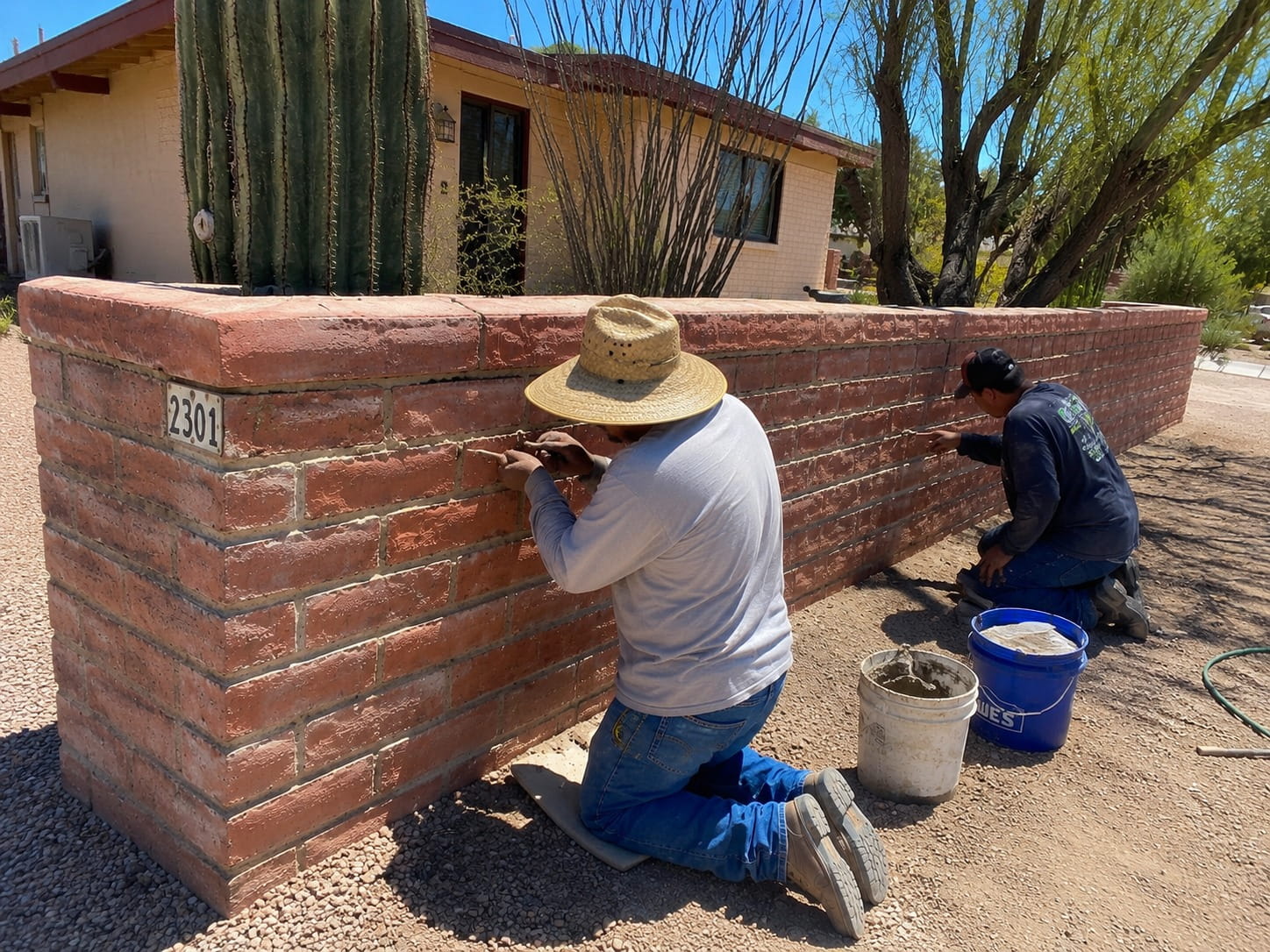 Tucson masons restoring mortar joints