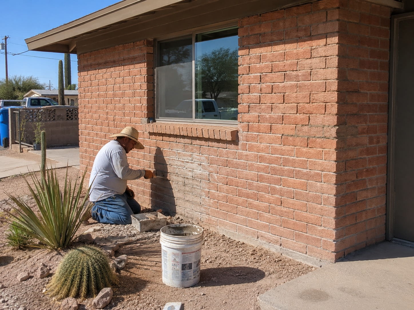Tucson mason hand-detailing mortar joints on a brick home exterior